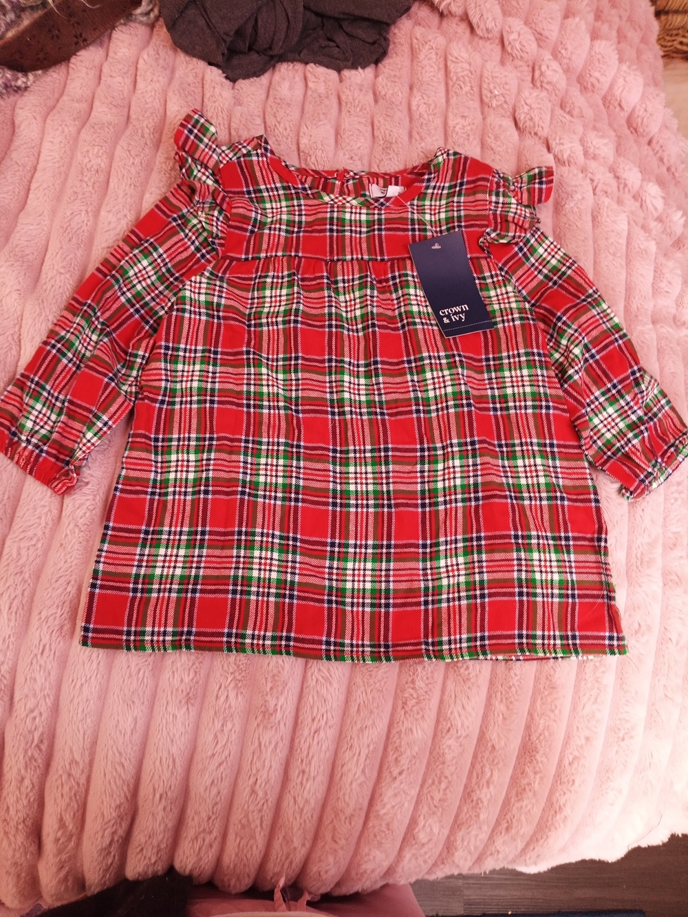 crown & ivy Red Plaid Ruffle-Shoulder Girls Top